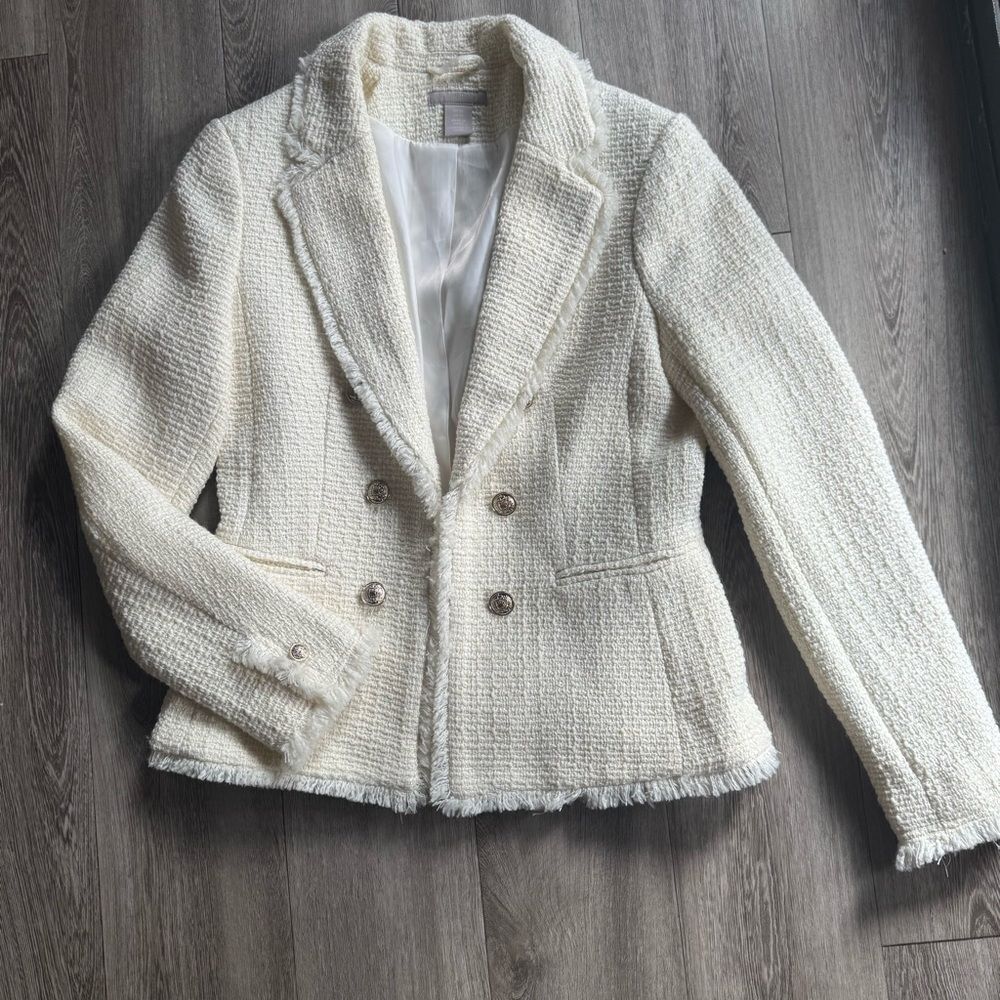 Cream Textured Jacket H&M New Without Tags Office Siren Quiet Luxury Size XS - Picture 15 of 16